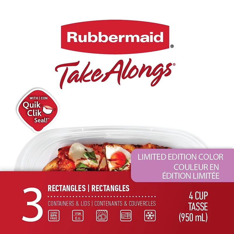 Rubbermaid TakeAlongs Rectangular Food Storage Containers, 950 mL (4 Cup), Special-Edition Orchid Purple, 3 Pack