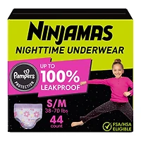 Ninjamas Nighttime Bedwetting Underwear Girl, Sizes S/M - L/XL, 34-44 Count