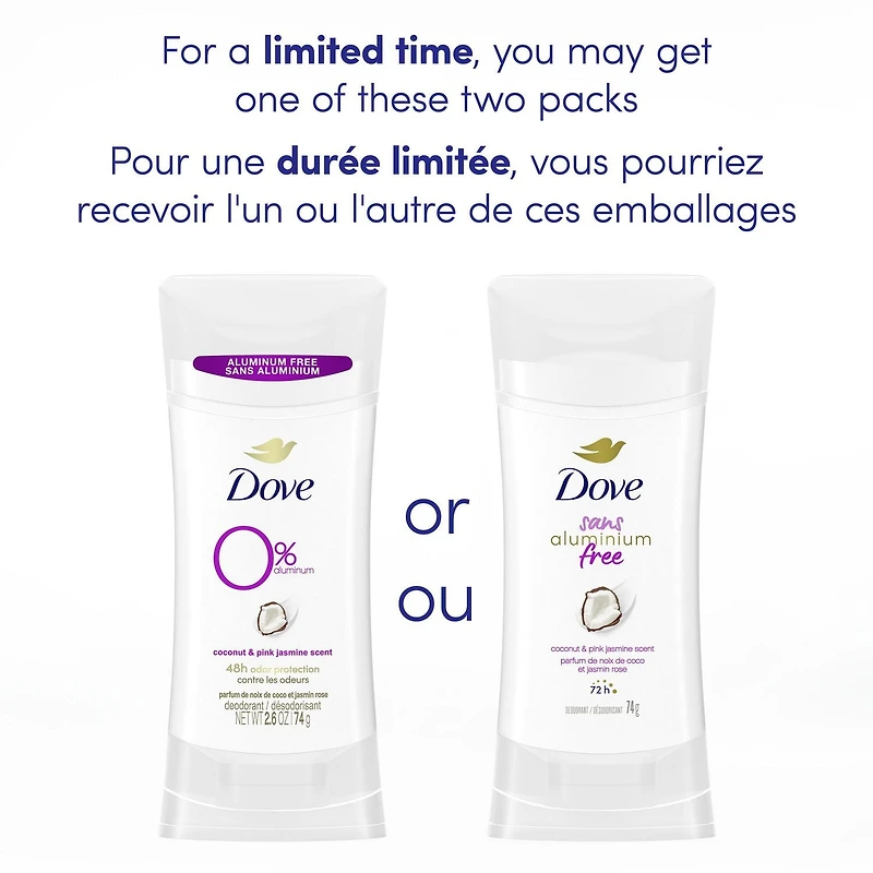 Dove Aluminum Free Déodorant for Soft Underarms, for Soft Underarms, Coconut & Pink Jasmine Scent, 74g