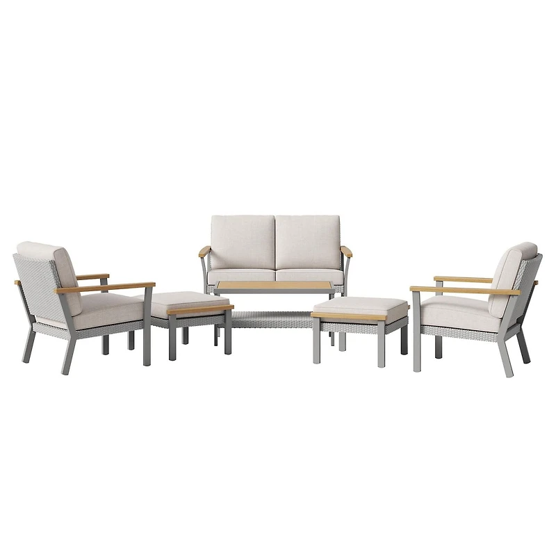 SONGMICS HOME Sencillo Collection - 6 Piece Patio Rattan Furniture Set, 1 Coffee Table, 1 Loveseat, 2 Lounge Chairs and 2 Ottomans, Gray and Beige