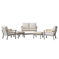 SONGMICS HOME Sencillo Collection - 6 Piece Patio Rattan Furniture Set, 1 Coffee Table, 1 Loveseat, 2 Lounge Chairs and 2 Ottomans, Gray and Beige