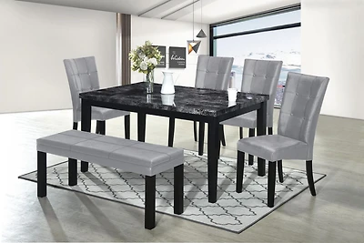 AERYS WINSOR 6 PCS  SOILDWOOD DINING TABLE SET WITH FAUX MARBLE TOP TABLE , 4  PU CHAIRS AND 1 PU BENCH,GREY
