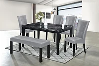 AERYS WINSOR 6 PCS  SOILDWOOD DINING TABLE SET WITH FAUX MARBLE TOP TABLE , 4  PU CHAIRS AND 1 PU BENCH,GREY