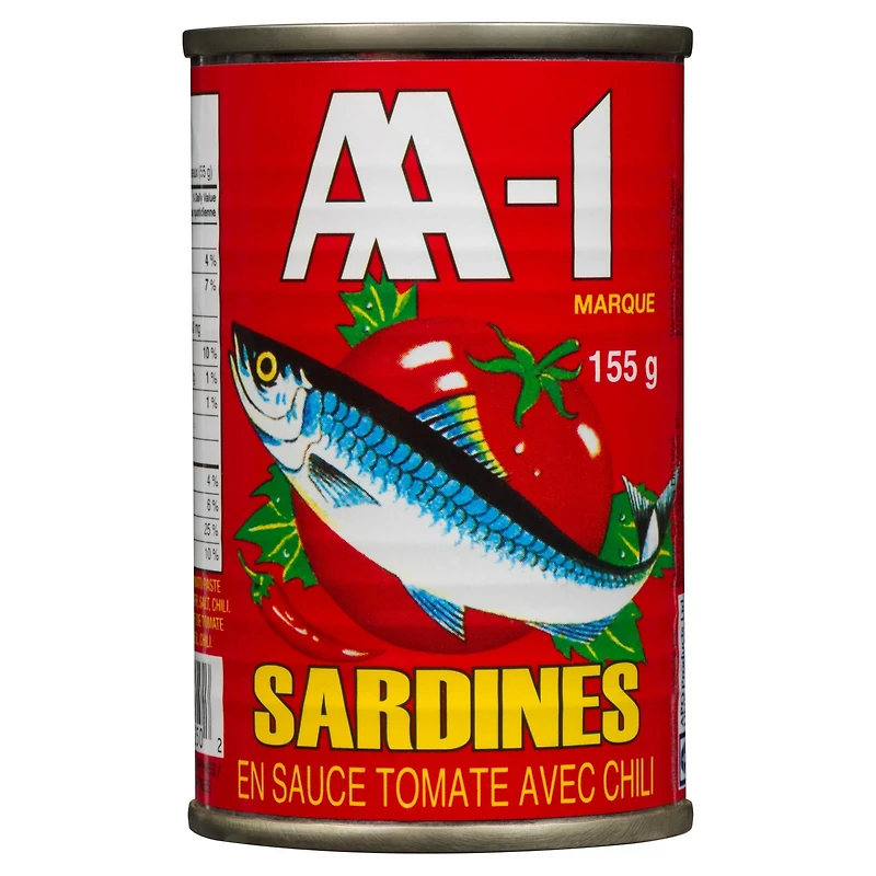 AA-1 Sardines Sauce Tomate Chili 155 g par boîte, contient du poisson, des mollusques AA-1 Sardines Sauce Tomate Chili 155 g par boîte