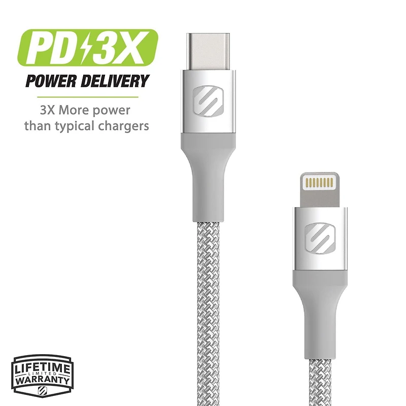 Scosche Strikeline Câble de charge et de synchronisation Lightning USB-C tressé de qualité supérieure 8 pieds Recharge haut débit