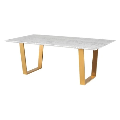 Table à manger rectangulaire de luxe pour personnes - Plateau en faux marbre de po avec superbe base en acier inoxydable brossé doré, design moderne et élégant, durable et facile à nettoyer