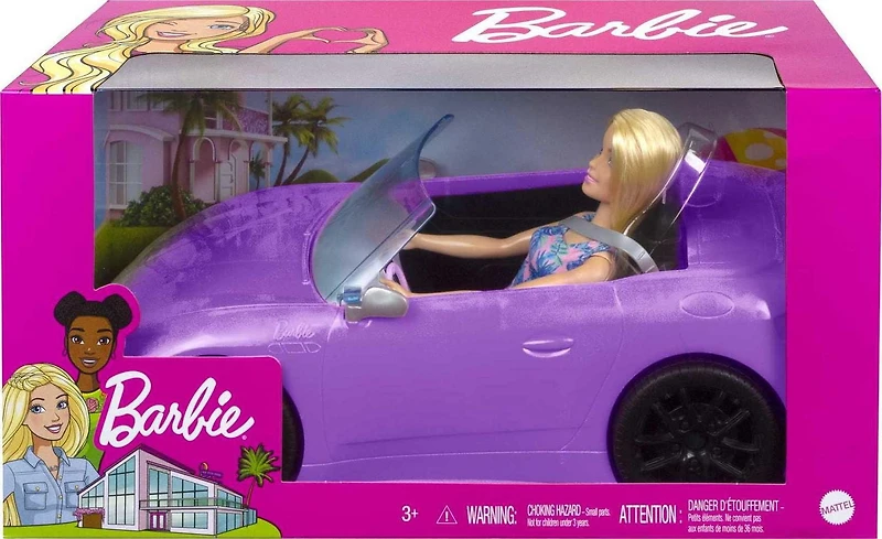 Barbie Doll (11.5 in Blonde) & Purple Convertible Car, 3 to 7 Year Olds, Ages 3+