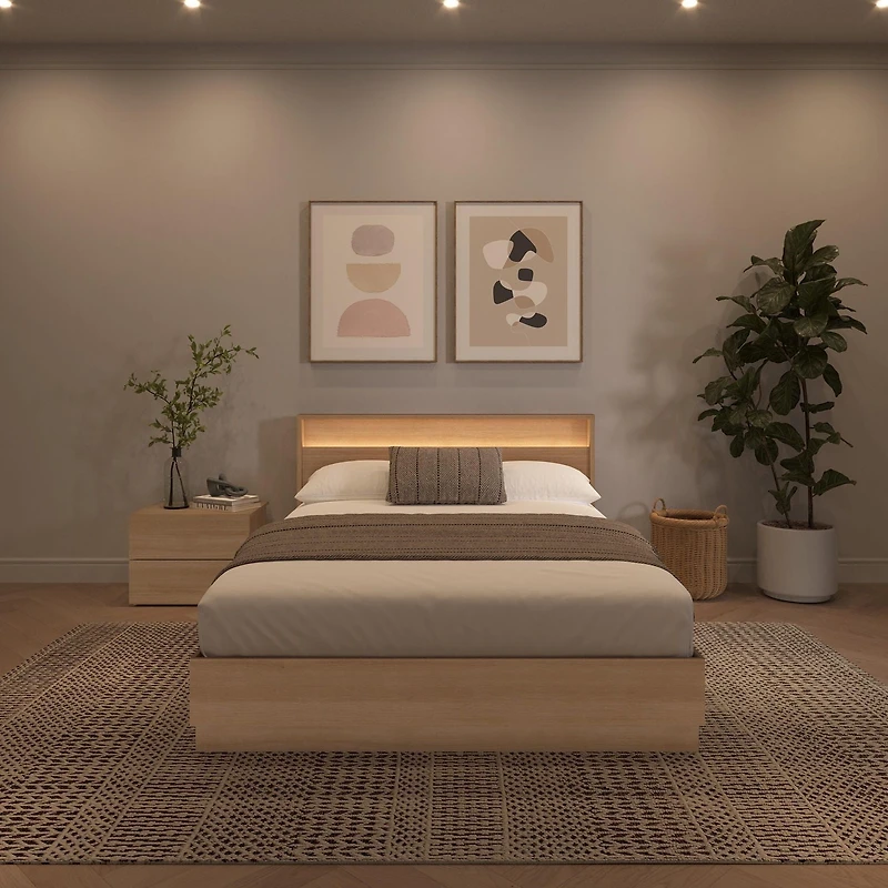 Ensemble de chambre à coucher Hudson 3 pièces avec lit queen size, sommier à lattes, tête de lit avec éclairage intégré et table de chevet