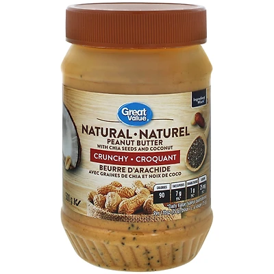 Beurre d’arachide croquant naturel Great Value avec graines de chia et noix de coco 500 g