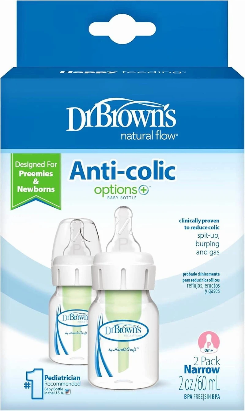 Dr. Brown's Biberon Anticolique à Goulot Standard avec Tétine à Débit Prématuré, Biberons 2x2oz