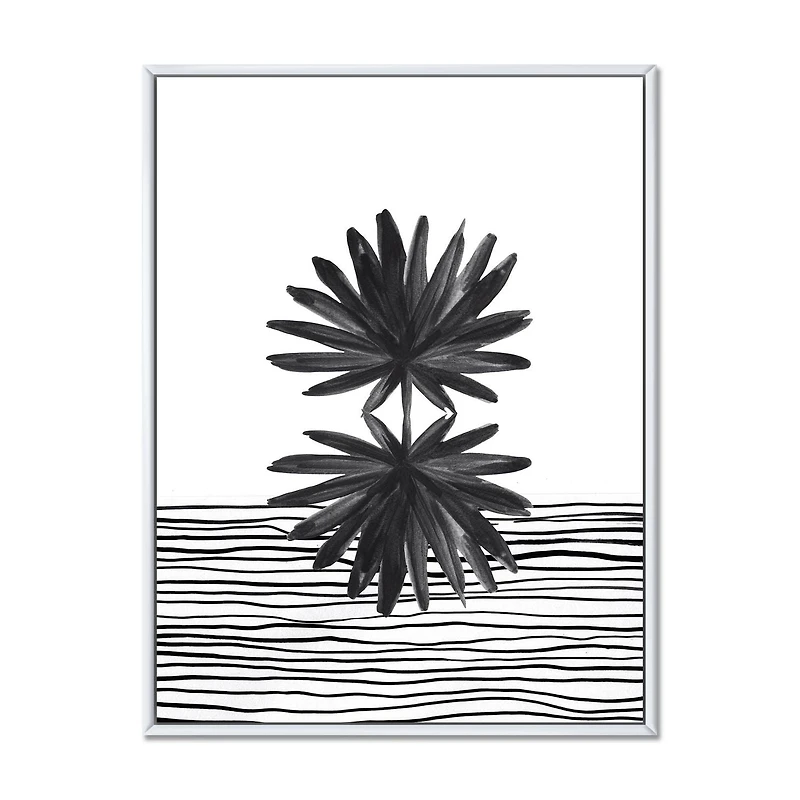 Designart Feuille tropicale noire et blanche sur rayures II ART MURAL À CADRE FLOTTÉ