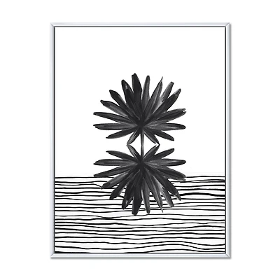 Designart Feuille tropicale noire et blanche sur rayures II ART MURAL À CADRE FLOTTÉ