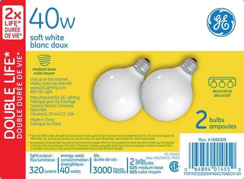 GE Lighting Canada 40 Watt G25 Soft White Bulbs
