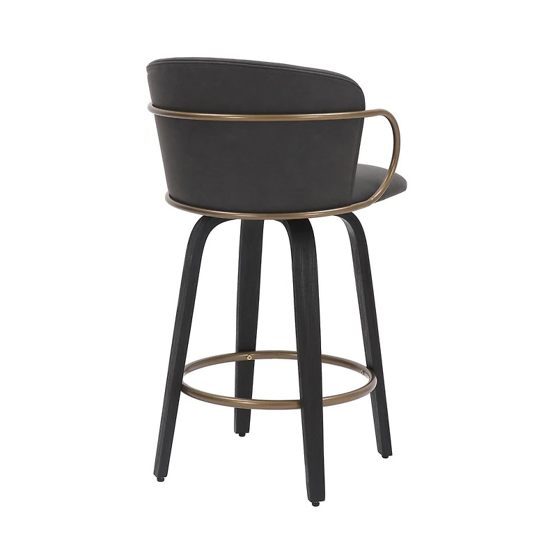 Mid-Century Faux Leather, Wood and Metal 26" Counter Stool with Swivel, Set of 2 - Charcoal, Black and Aged Gold