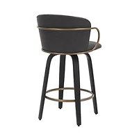Mid-Century Faux Leather, Wood and Metal 26" Counter Stool with Swivel, Set of 2 - Charcoal, Black and Aged Gold