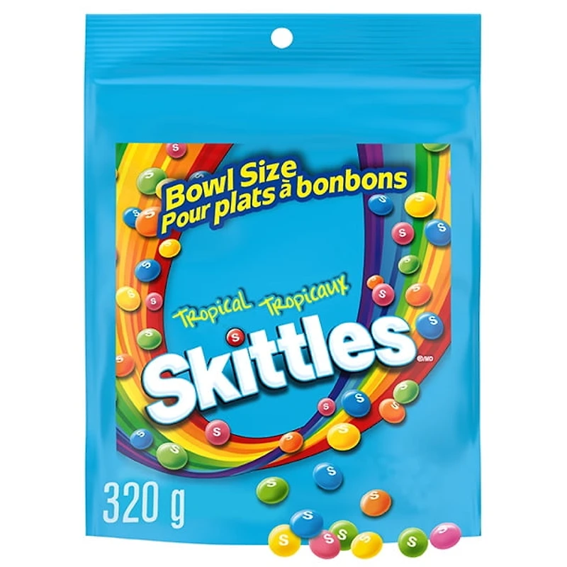 SKITTLES, Tangy Tropical Chewy Candy, Bowl Size Bag, 320g, 1 bag, 320 g
