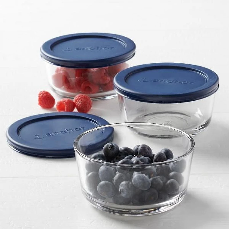 Anchor Hocking 16pc Round Glass Food Storage Box Set with Navy lids