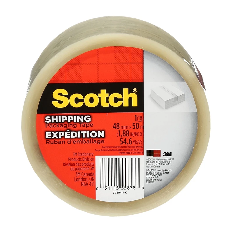 Scotch® Shipping Packaging Tape 3710, 48 mm x 50 m, 1 Roll/Pack