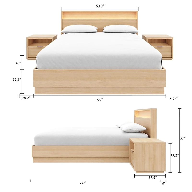 Harlow 4 Piece Queen Size Bedroom Set with Slatted Bedframe, Headboard with Integrated Light, 2 Nightstands