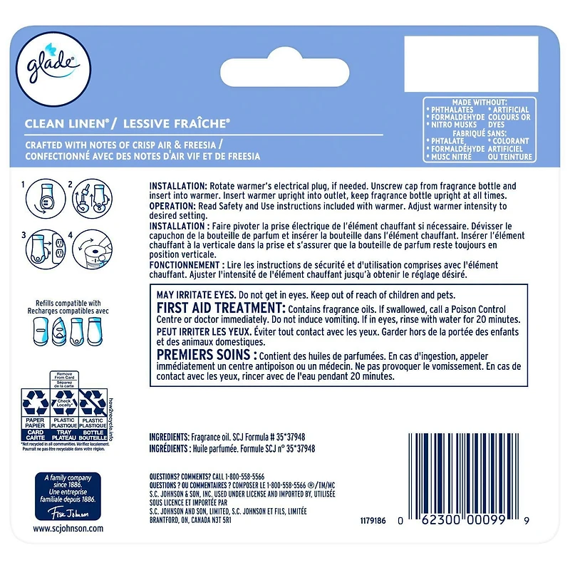 Glade Plugins® Air Freshener Oil Refill, Clean Linen, 5 Refills