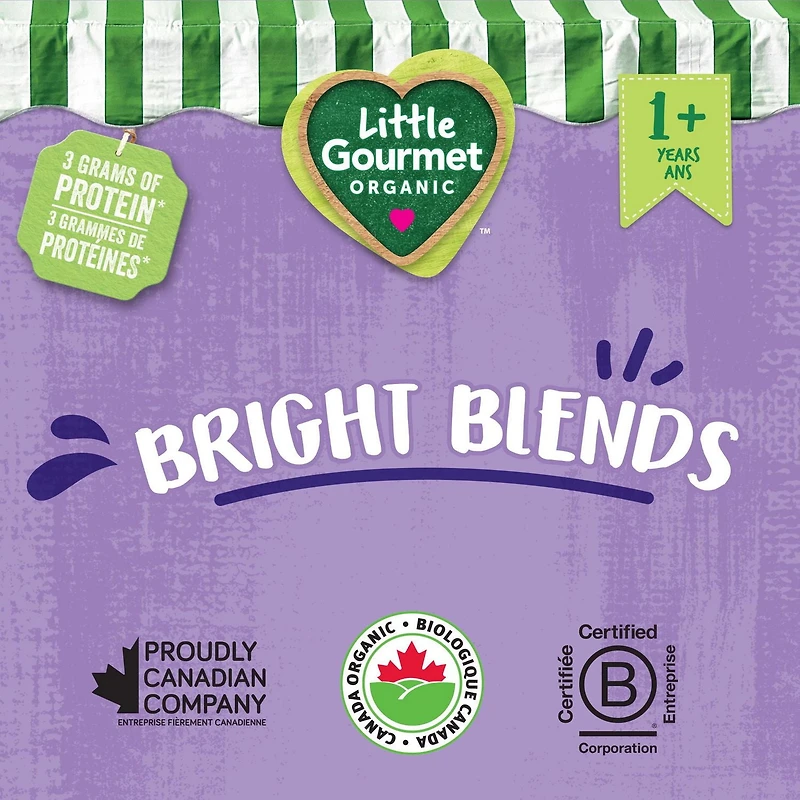 Pochette biologique Bright Blends de Little Gourmet – Banane, bleuet, fraise et goyave, Stade 2 Nouveau pour les tout-petits!