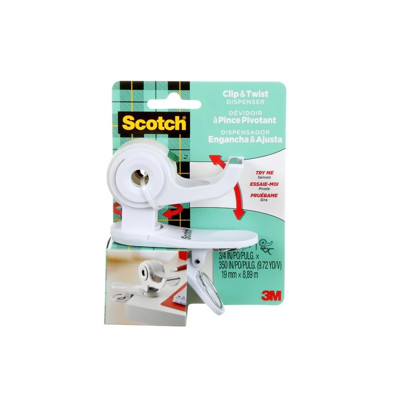 Dévidoir de ruban de bureau Scotch® C19-CLIP-SR-W, à pince pivotante, 19 mm x 8,89 m (0,75 po x 350 po) Dévidoir de ruban