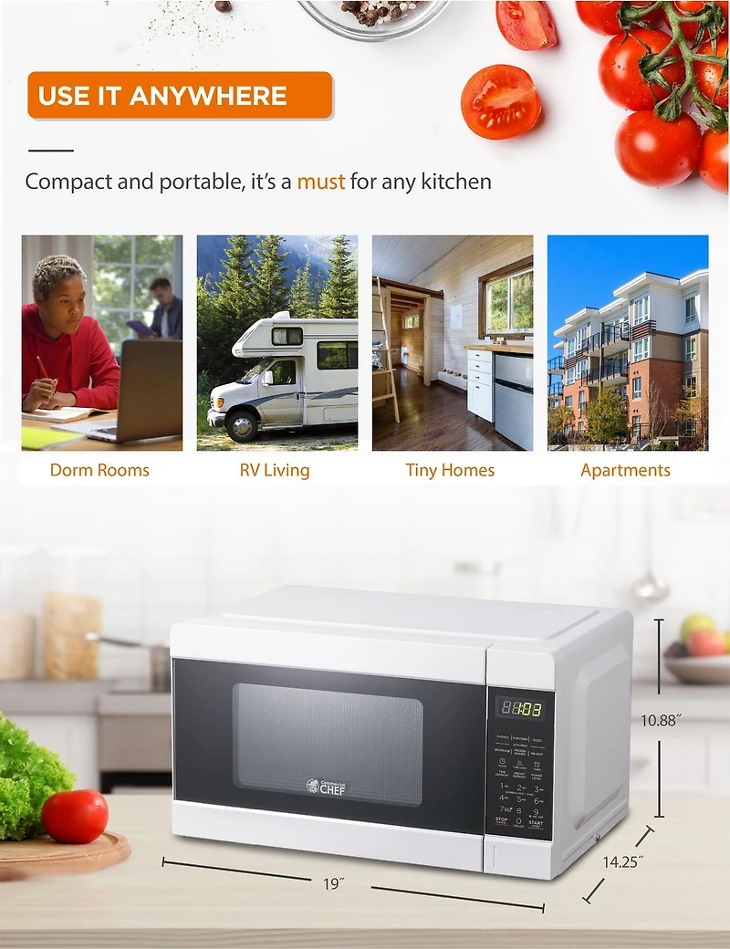 COMMERCIAL CHEF 0.9 Cu Ft Microwave with 10 Power Levels, Push Button and Child Lock, 900 Watt Microwave with Digital Controls, Countertop Microwave with Timer and Quick-Touch Menu, White