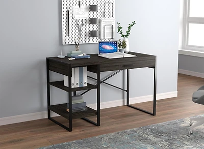 Safdie & Co. Computer Writing Desk 47.65in Long Dark Grey with 1 Drawer 2 Shelves and Black Metal for Home Office and Small Spaces. Ideal for writing, gaming, study, work from home.