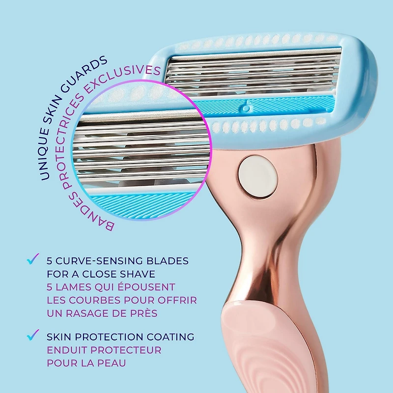 Rasoir pour femmes avec manche en métal rose doré et 2 cartouches de lames de marque Hydro Silk 1 manche 2 cartouches