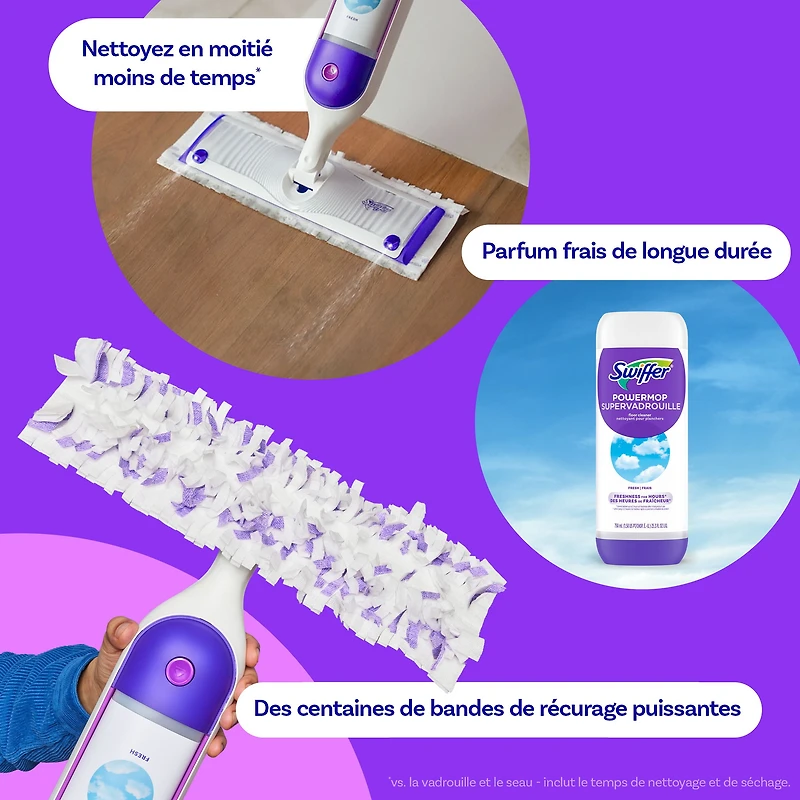 Trousse de nettoyage multisurfaces Swiffer SuperVadrouille pour le nettoyage des planchers parfum Frais la trousse comprend un balai SuperVadrouille 2recharges de coussins nettoyants 1sltin nettoyante 1KIT