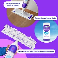 Trousse de nettoyage multisurfaces Swiffer SuperVadrouille pour le nettoyage des planchers parfum Frais la trousse comprend un balai SuperVadrouille 2recharges de coussins nettoyants 1sltin nettoyante 1KIT