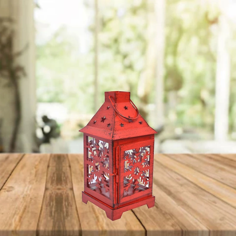 Holiday Time Metal & Glass Lantern, Christmas Decor, Snowflake Design, Red Finish, 10 inch