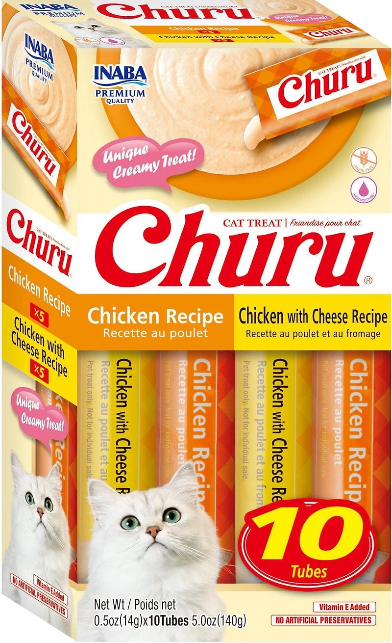 INABA Churu Cat Treats, Grain-Free Lickable Creamy Purée with Vitamin E - Chicken Variety Box  10 Tubes (5xChicken & 5xChicken w/Cheese) 114g