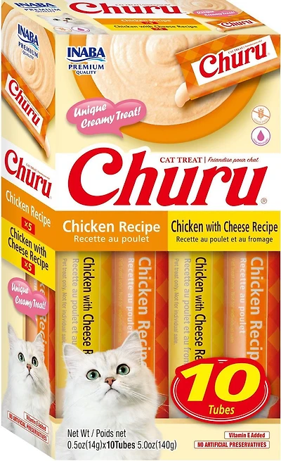 INABA Churu Cat Treats, Purée crémeuse léchée sans grain avec vitamine E - Boîte de variétés de poulet 10 tubes (5 x poulet et 5 x poulet avec fromage) 114g