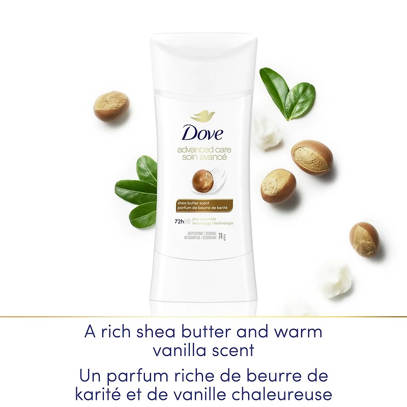 Antisudorifique désodorisant pour femme Dove Soin Avancé Parfum de Beurre de Karité avec technologie pro-céramides pour une peau douce et résistante 74g