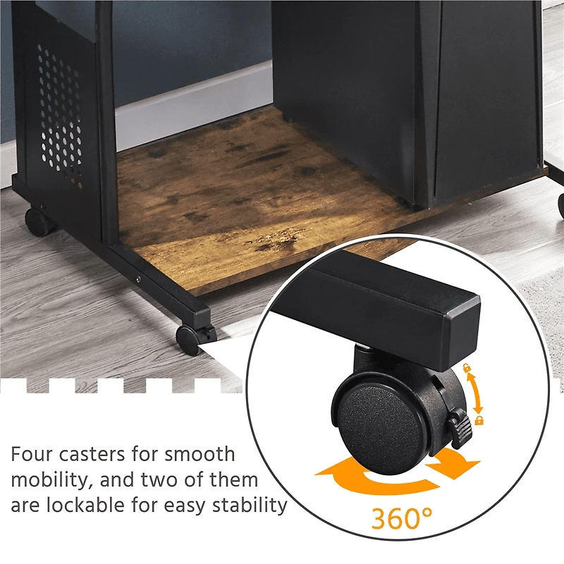 Fullfurnique Rolling 3-Tier Computer Desk with Detachable Top Shelf, Rustic Brown