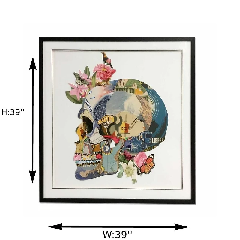 Art mural audacieux – Collage de peinture de crâne de profil (39" H x 39" L x 1,5" P), placé dans un cadre PS noir sophistiqué, présentant des détails complexes et une touche artistique audacieuse,