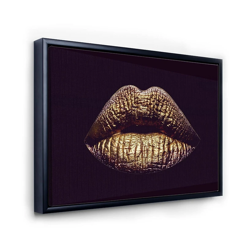 Designart Lèvres féminines métallisées dorées sexy II ART MURAL À CADRE FLOTT
