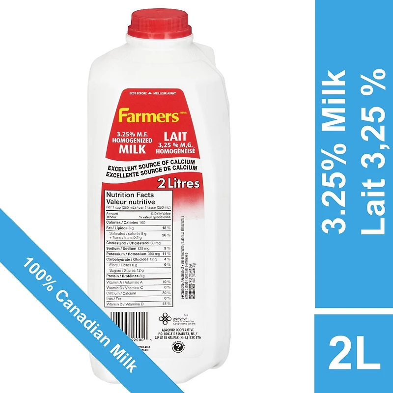 Lait homogénéisé 3,25 % Farmers 2 L plastique