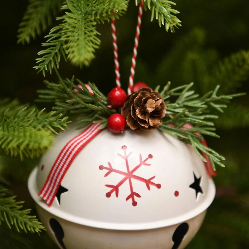 Holiday Time Winter Chalet Jingle Bell with Red Snowﬂake Ornament, White