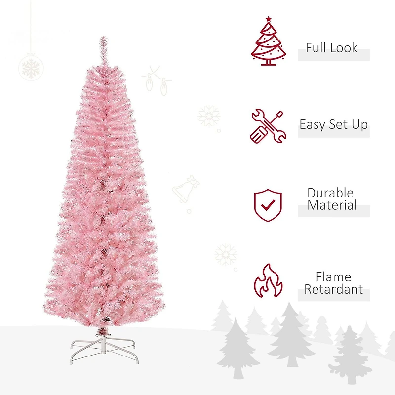 HOMCOM 6FT Artificial Christmas Tree Holiday Xmas Holiday Pencil Tree Decoration with Automatic Open for Home Party, Pink