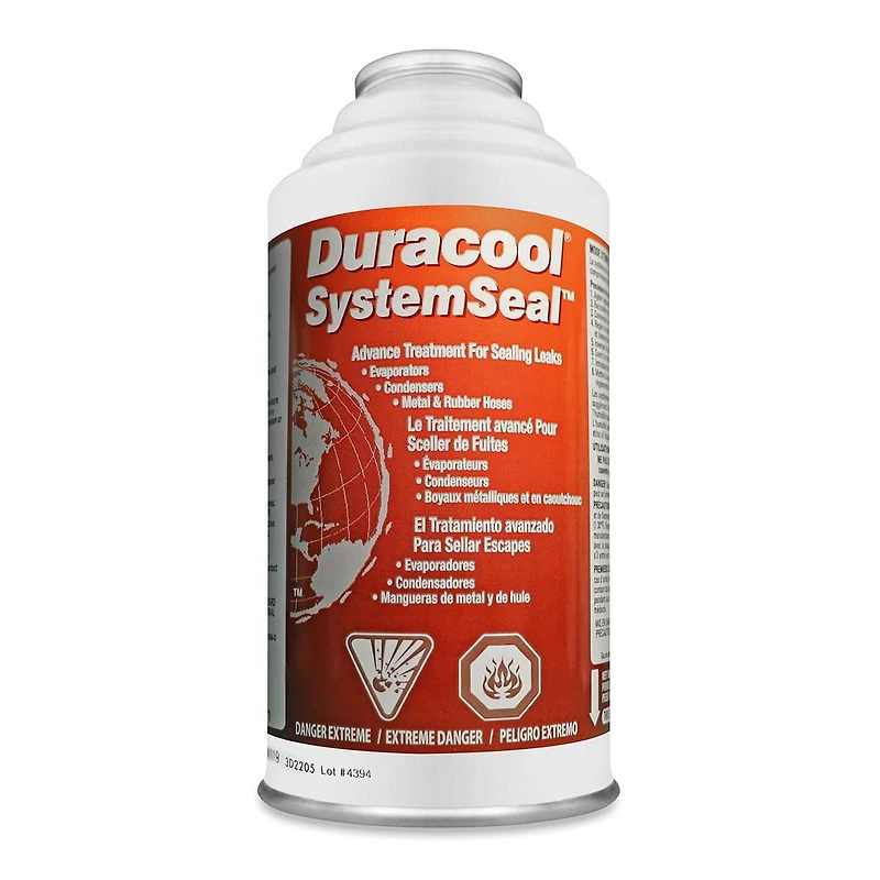 Duracool® SystemSeal™/4 oz. Peut pour les systèmes de climatisation R-134a. Réparation des fuites mineures dans les composants métalliques et synthétiques.