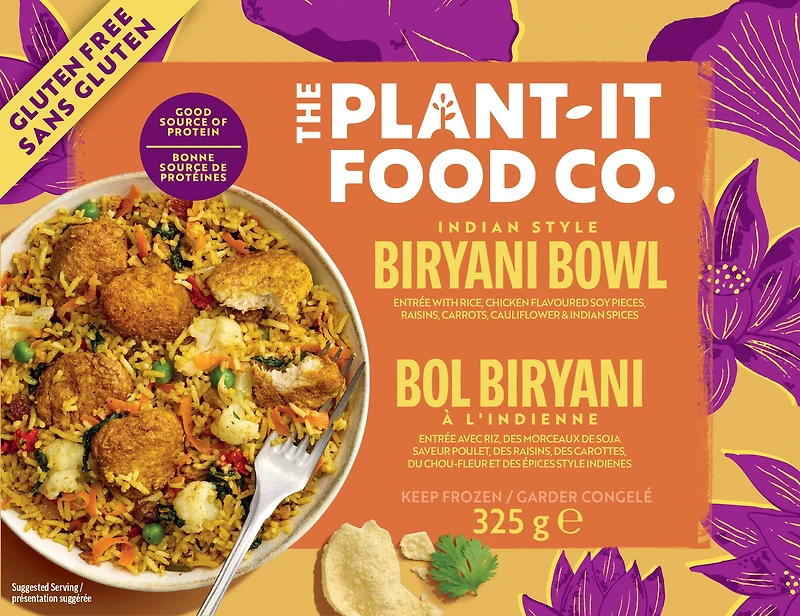 Plant It Biryani Bowl - Plant Based, Gluten Free. 15G of Protein per Serving, Ready in 6 Minutes!, Biryani Bowl is dish with Chick'n chunks in Indian spices with raisins, cauliflower, spinach, peas served over Basmati rice! 14g of protein per serving.