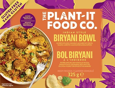 Plant It Biryani Bowl - Plant Based, Gluten Free. 15G of Protein per Serving, Ready in 6 Minutes!, Biryani Bowl is dish with Chick'n chunks in Indian spices with raisins, cauliflower, spinach, peas served over Basmati rice! 14g of protein per serving.