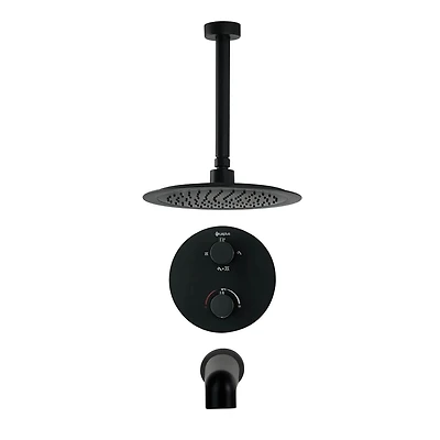 Valve thermostatique ronde 3 fonctions,  pommeau 9.5 po, bec de bain ou simultanément, Fini noir mat