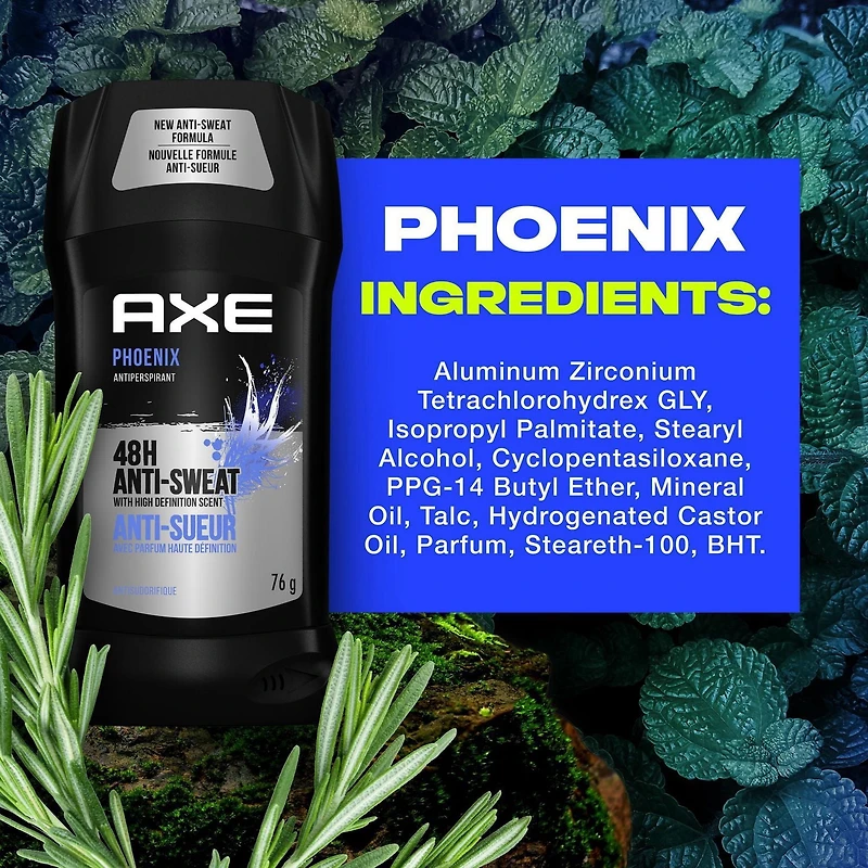 AXE Phoenix Menthe Broyée et Romarin Antisudorifique en Bâton (Format Économique 4 X 76gms)