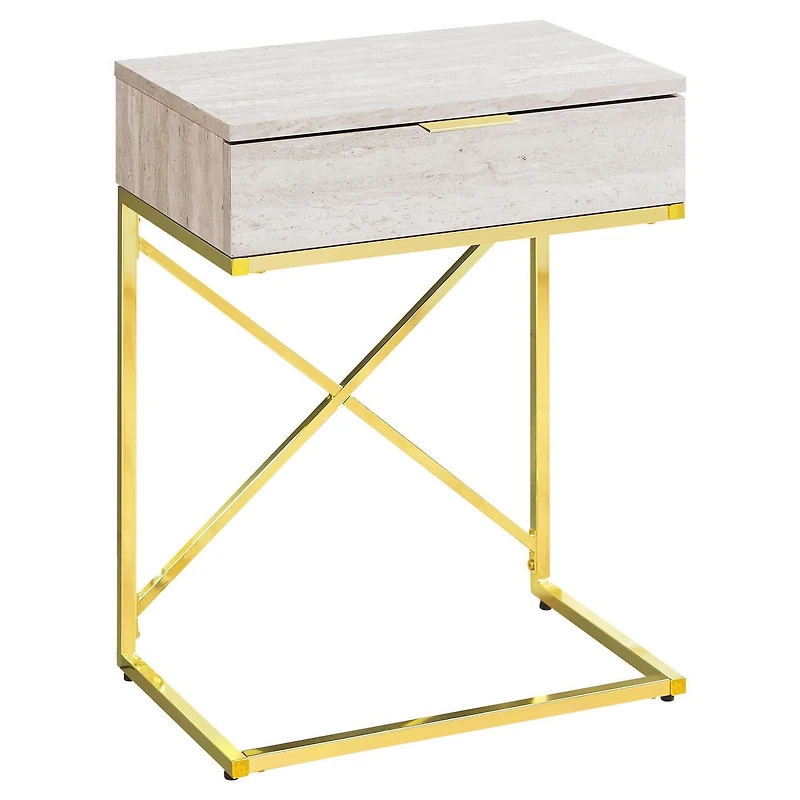Monarch Specialties Accent Table, Side, End, Nightstand, Lamp, Storage Drawer, Living Room, Bedroom, Beige Marble Look Laminate, Gold Metal, Contemporary, Modern
