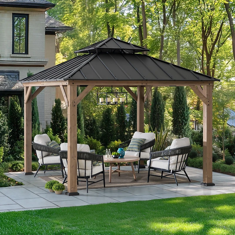 Sunjoy Gazebo en Bois d'Extérieur 11 x 11 Pieds avec Cadre en Cèdre, Toit Métallique à Deux Niveaux et Crochet au Plafond pour Terrasses, Jardins et Pelouses, Marron