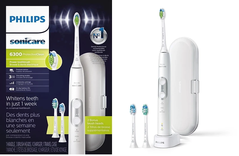 Philips Sonicare ProtectiveClean 6300 Whitening & Plaque Rechargeable Electric Toothbrush & Travel Case, HX6463/50, White