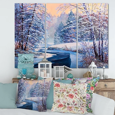 Designart Pastel Christmas Forest With River Canvas Wall Art